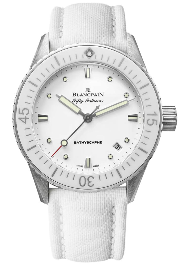 Fifty Fathoms Bathyscaphe 38mm Ultra-Slim White Canvas Ladies Watch - 5100 1127 W52A Steel by Blancpain — 5100 1127 W52A